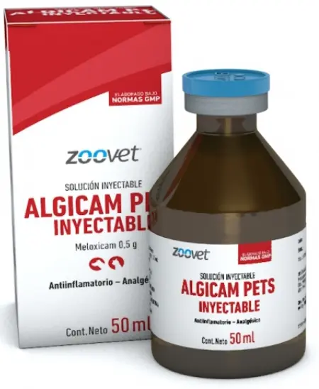 Envase de Algicam Pets Inyectable, meloxicam 5 mg/ml para perros y gatos